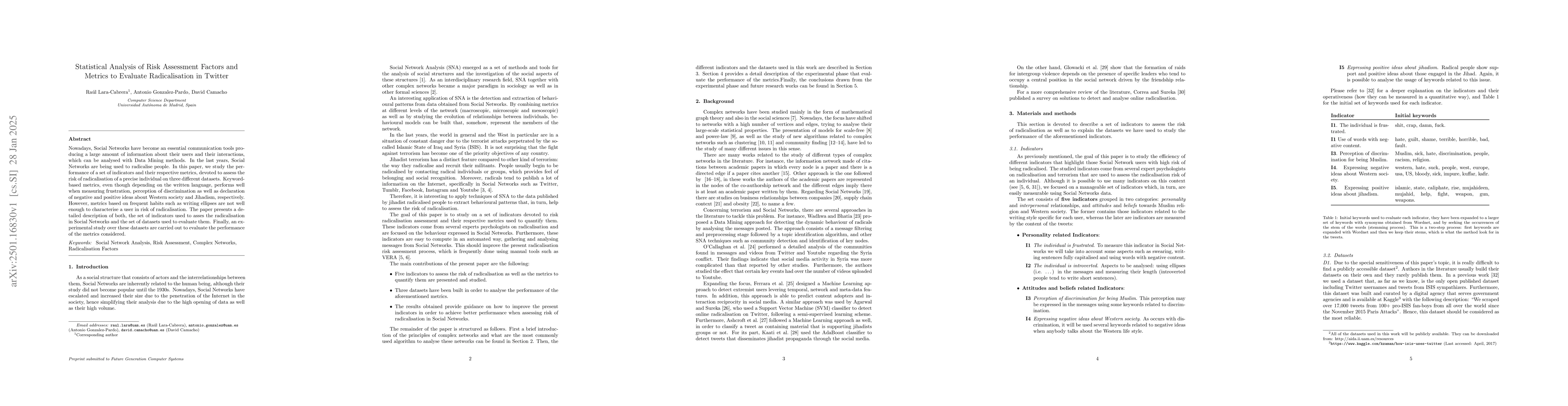 Thumbnail for Statistical Analysis of Risk Assessment Factors and Metrics to Evaluate
  Radicalisation in Twitter
