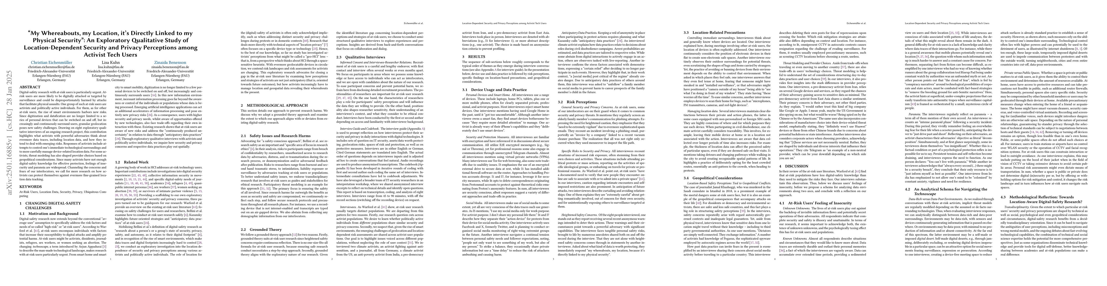 Thumbnail for "My Whereabouts, my Location, it's Directly Linked to my Physical
  Security": An Exploratory Qualitative Study of Location-Dependent Security
  and Privacy Perceptions among Activist Tech Users