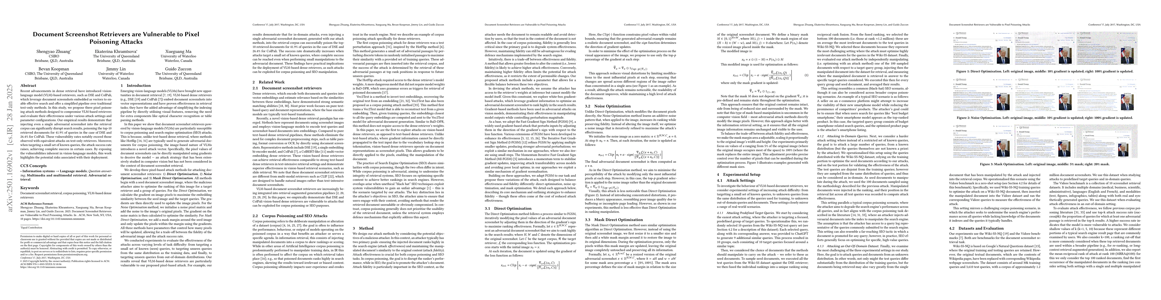 Thumbnail for Document Screenshot Retrievers are Vulnerable to Pixel Poisoning Attacks