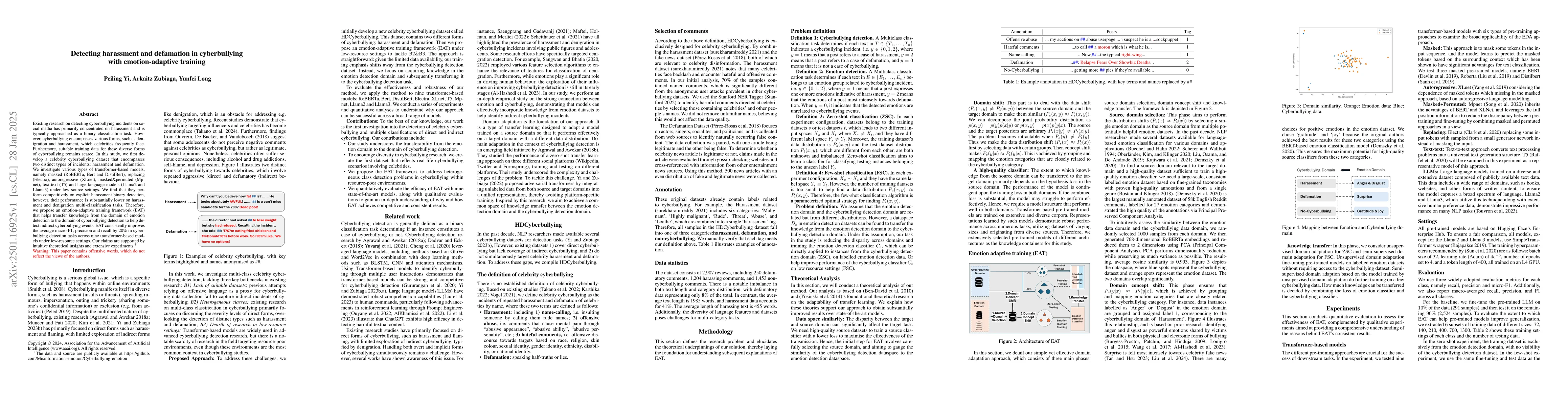 Thumbnail for Detecting harassment and defamation in cyberbullying with
  emotion-adaptive training