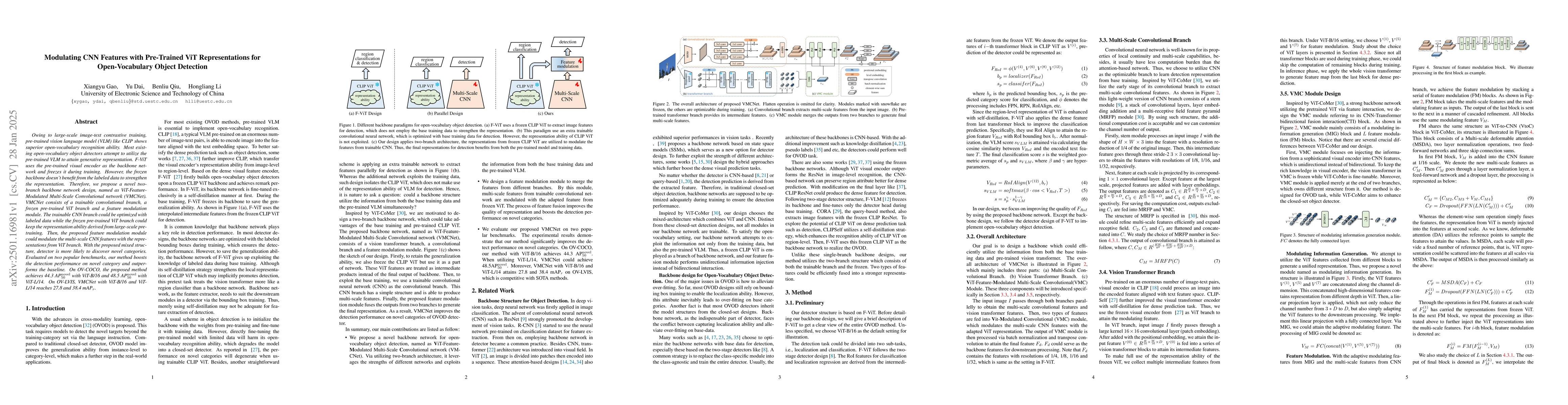 Thumbnail for Modulating CNN Features with Pre-Trained ViT Representations for
  Open-Vocabulary Object Detection