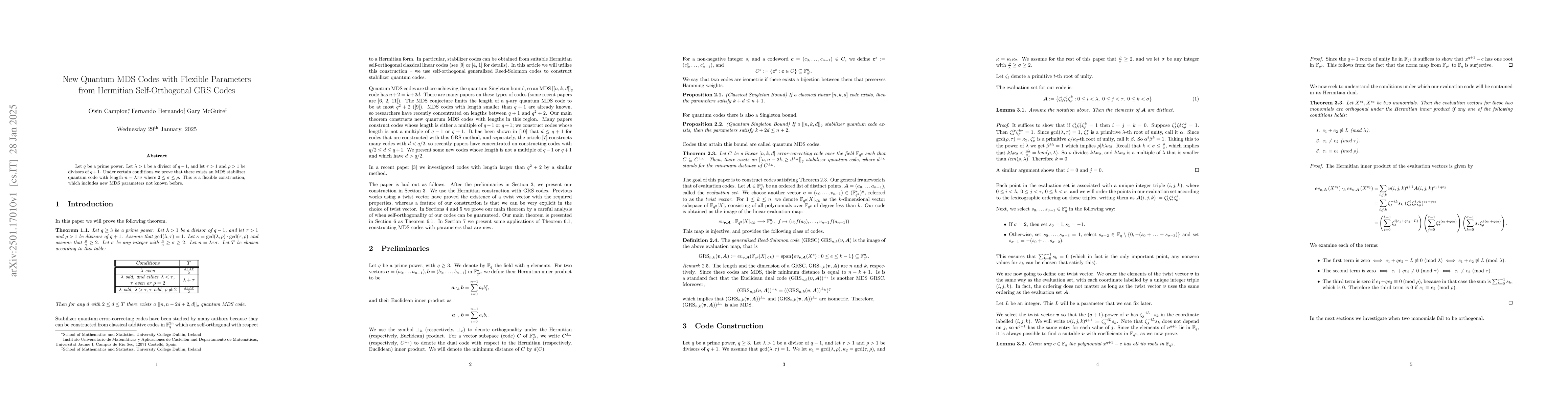 Thumbnail for New Quantum MDS Codes with Flexible Parameters from Hermitian
  Self-Orthogonal GRS Codes