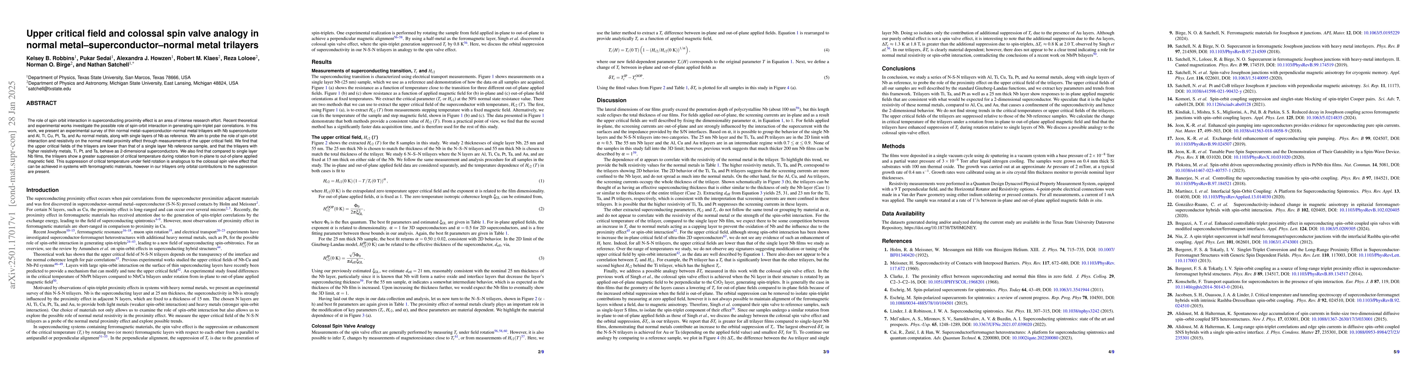 Thumbnail for Upper critical field and colossal spin valve analogy in normal
  metal-superconductor-normal metal trilayers