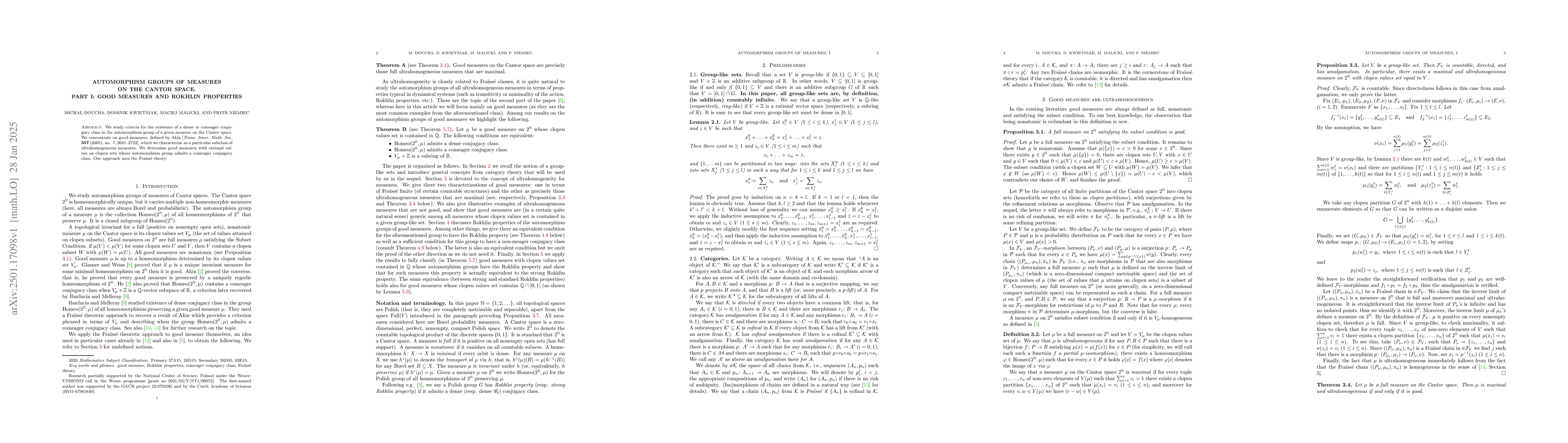 Thumbnail for Automorphism groups of measures on the Cantor space. Part I: Good
  measures and Rokhlin properties