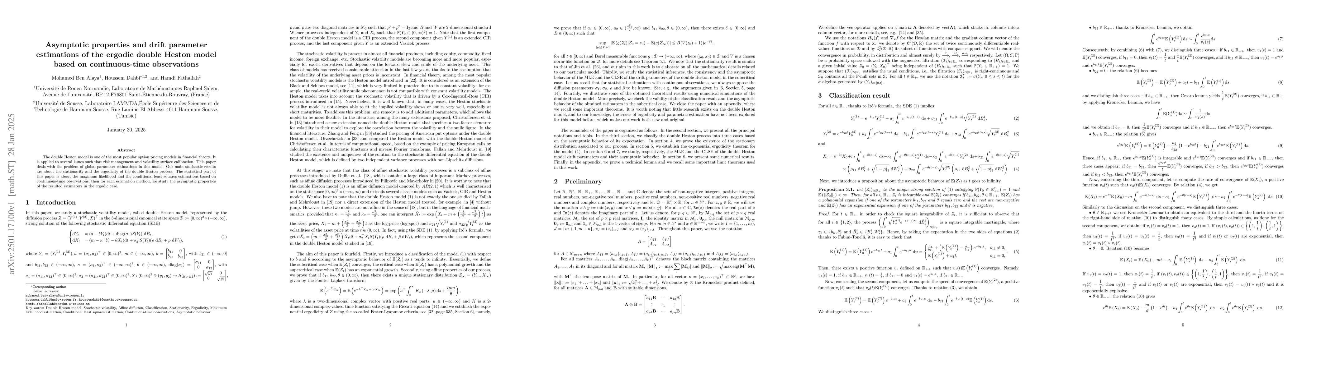 Thumbnail for Asymptotic properties and drift parameter estimations of the ergodic
  double Heston model based on continuous-time observations
