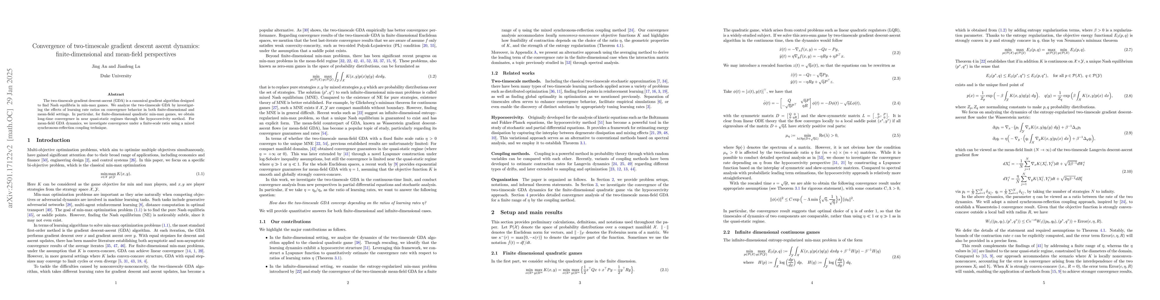 Thumbnail for Convergence of two-timescale gradient descent ascent dynamics:
  finite-dimensional and mean-field perspectives