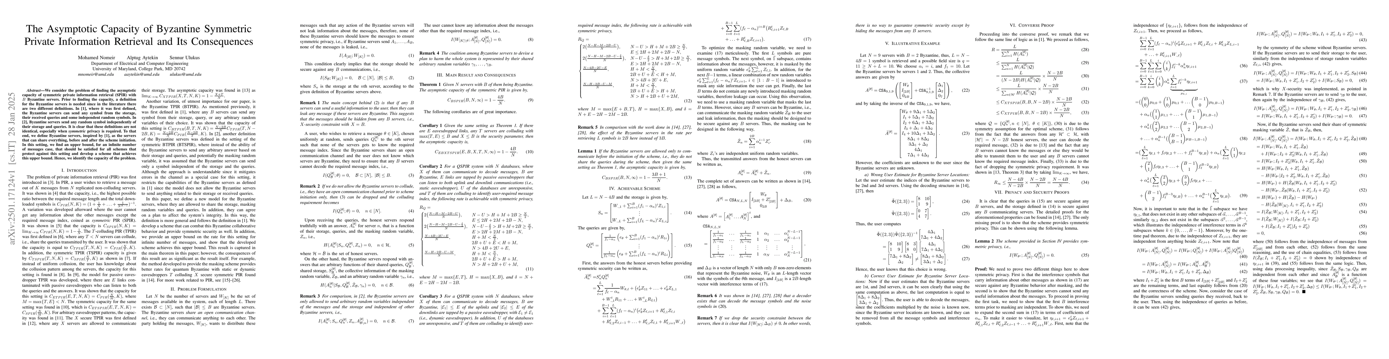 Thumbnail for The Asymptotic Capacity of Byzantine Symmetric Private Information
  Retrieval and Its Consequences
