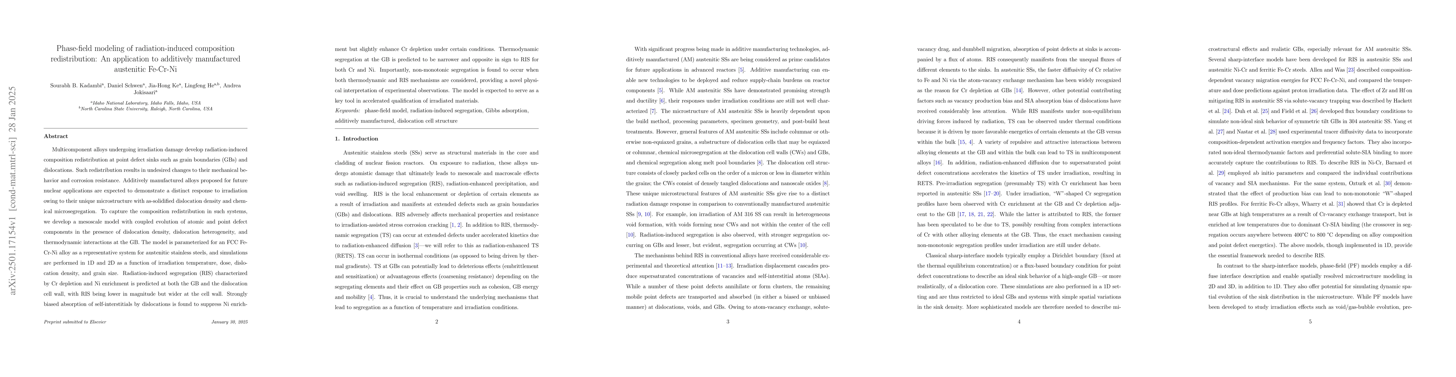 Thumbnail for Phase-field modeling of radiation-induced composition redistribution: An
  application to additively manufactured austenitic Fe-Cr-Ni
