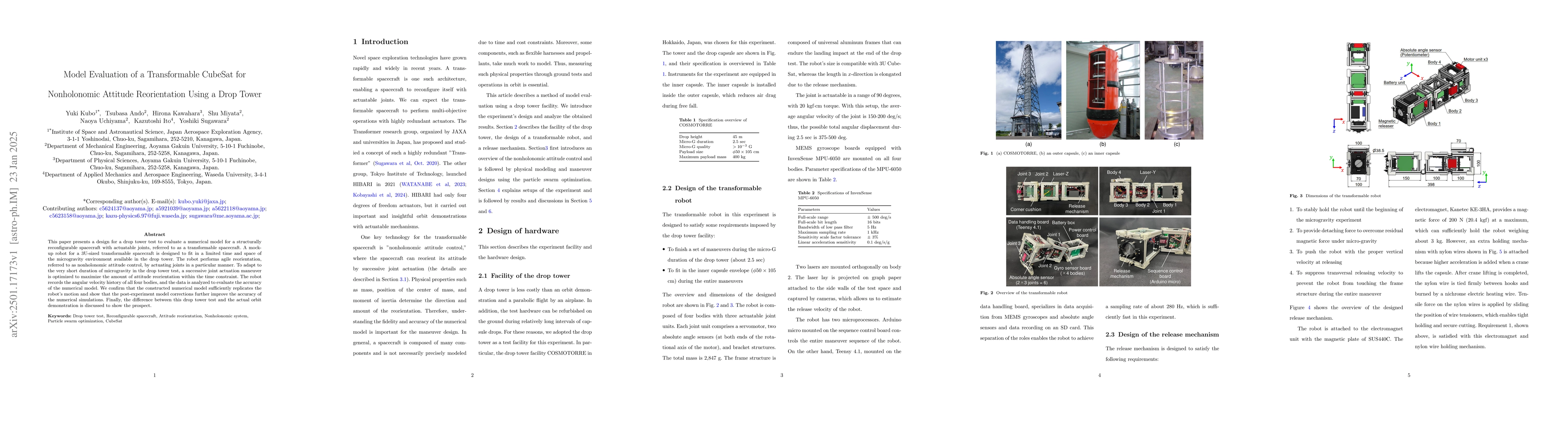 Thumbnail for Model Evaluation of a Transformable CubeSat for Nonholonomic Attitude
  Reorientation Using a Drop Tower