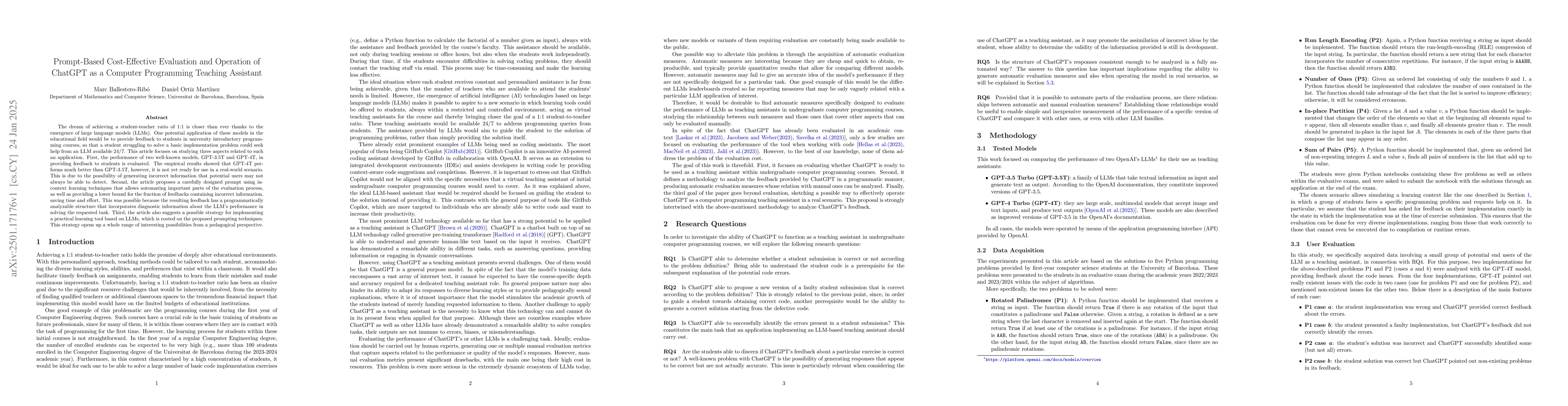 Thumbnail for Prompt-Based Cost-Effective Evaluation and Operation of ChatGPT as a
  Computer Programming Teaching Assistant