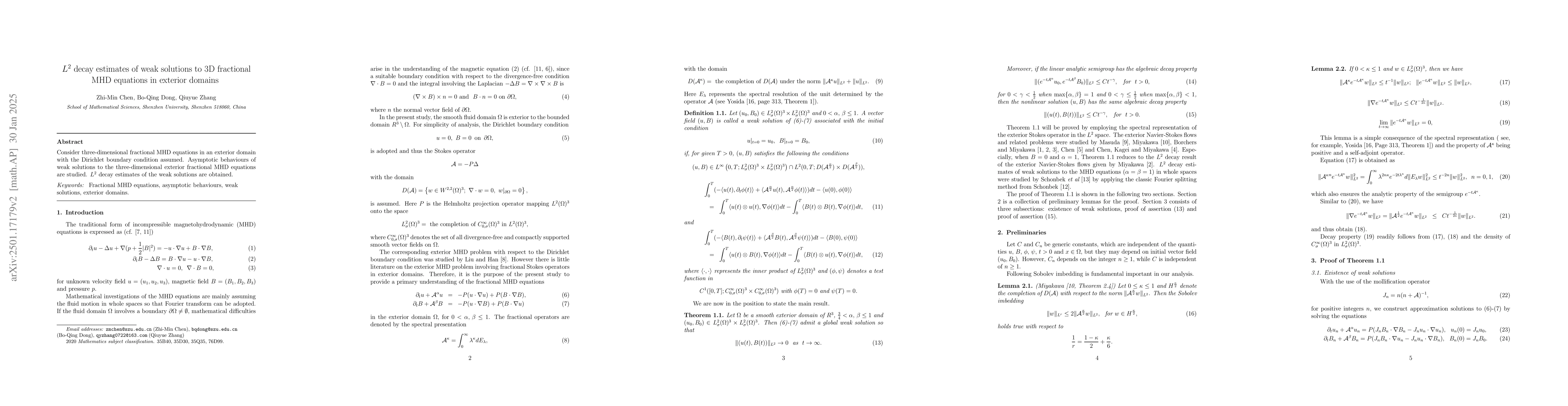 Thumbnail for $L^2$ decay estimates of weak solutions to 3D fractional MHD equations
  in exterior domains