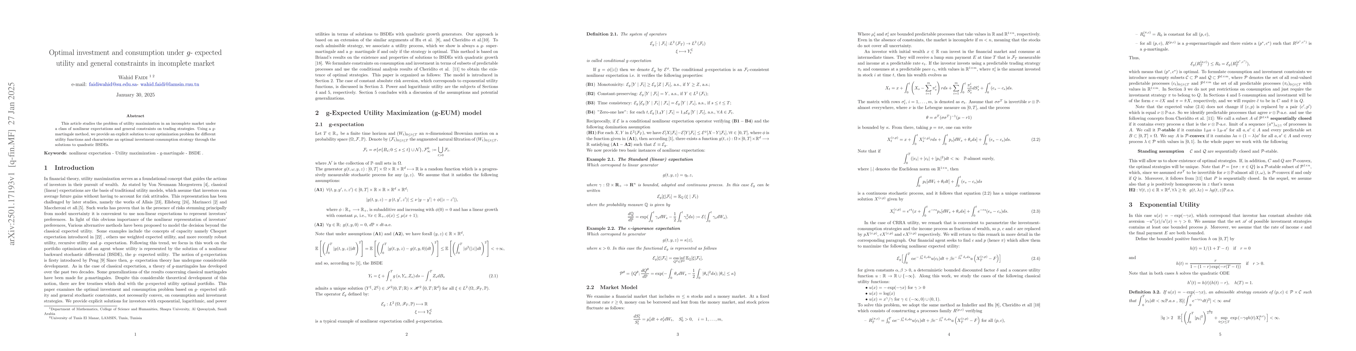 Thumbnail for Optimal investment and consumption under $g$- expected utility and
  general constraints in incomplete market