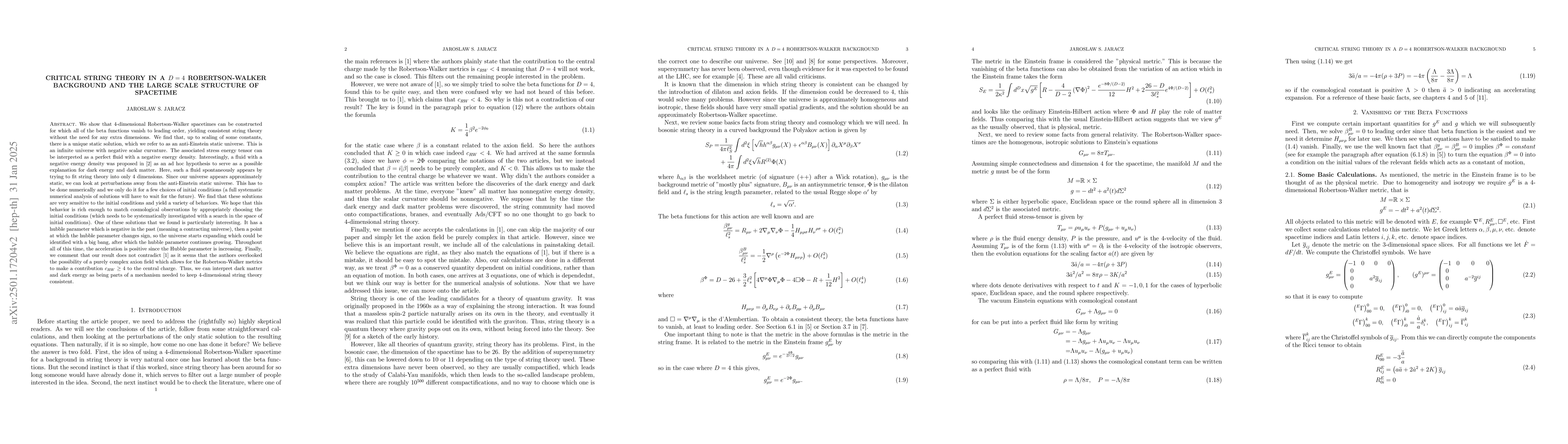 Thumbnail for Critical String Theory in a $D=4$ Robertson-Walker Background and the
  Large Scale Structure of Spacetime