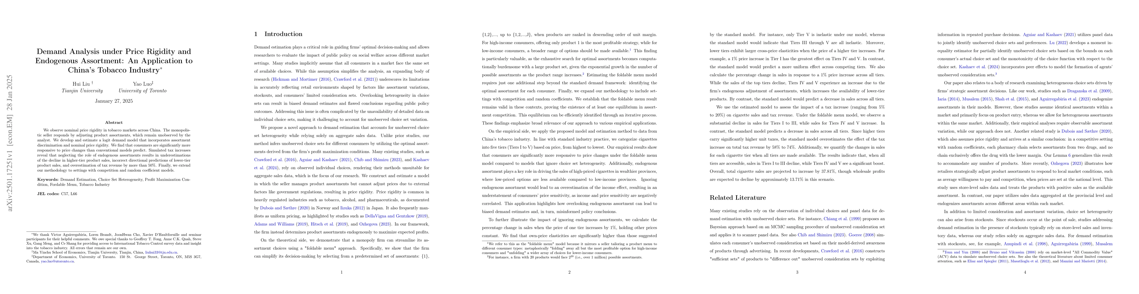 Thumbnail for Demand Analysis under Price Rigidity and Endogenous Assortment: An
  Application to China's Tobacco Industry
