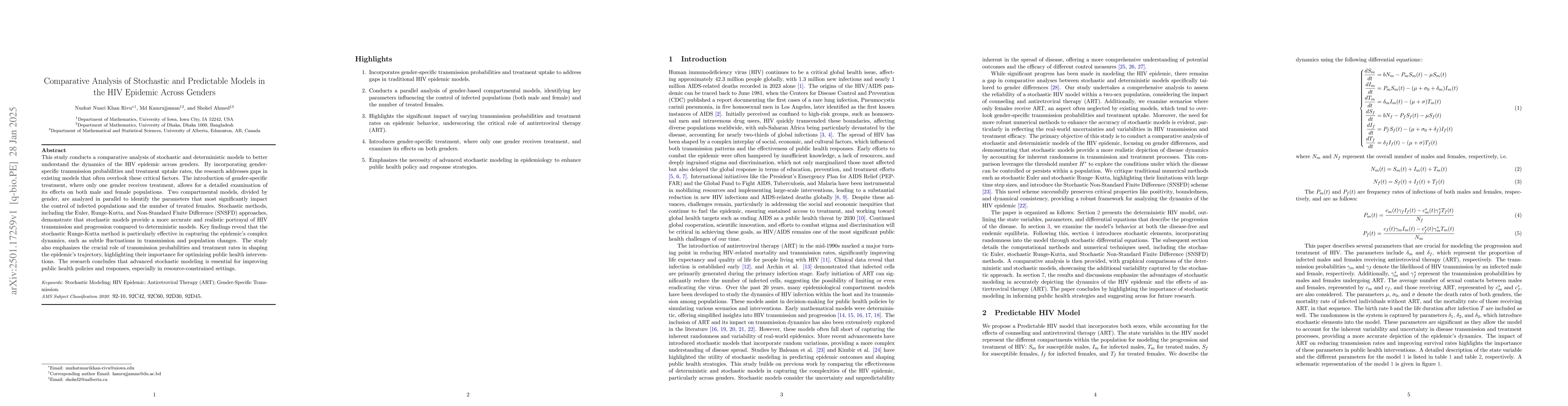 Thumbnail for Comparative Analysis of Stochastic and Predictable Models in the HIV
  Epidemic Across Genders