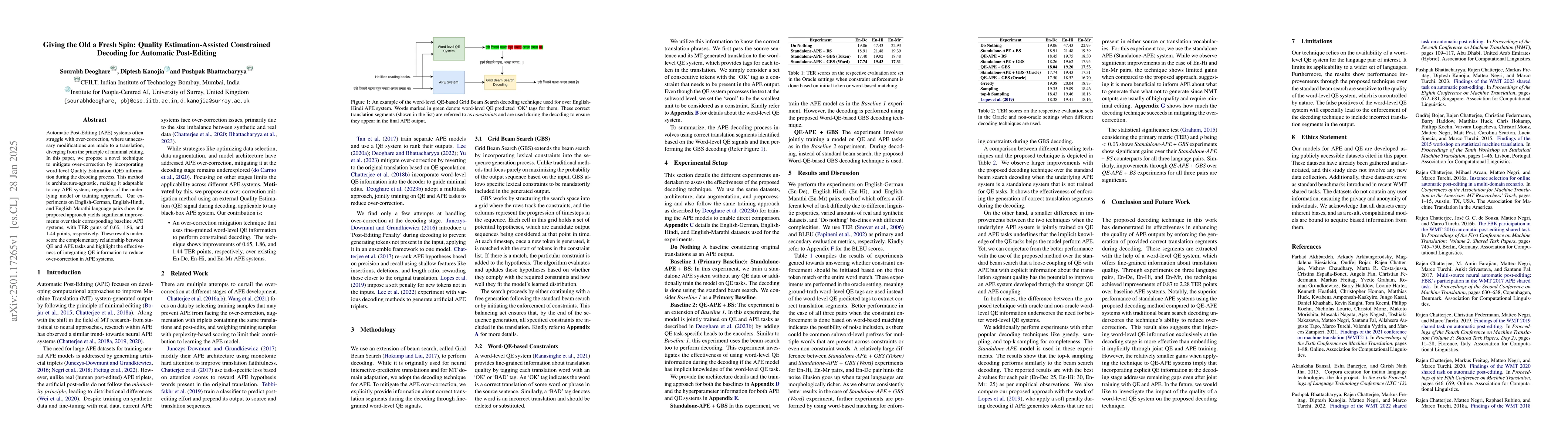 Thumbnail for Giving the Old a Fresh Spin: Quality Estimation-Assisted Constrained
  Decoding for Automatic Post-Editing