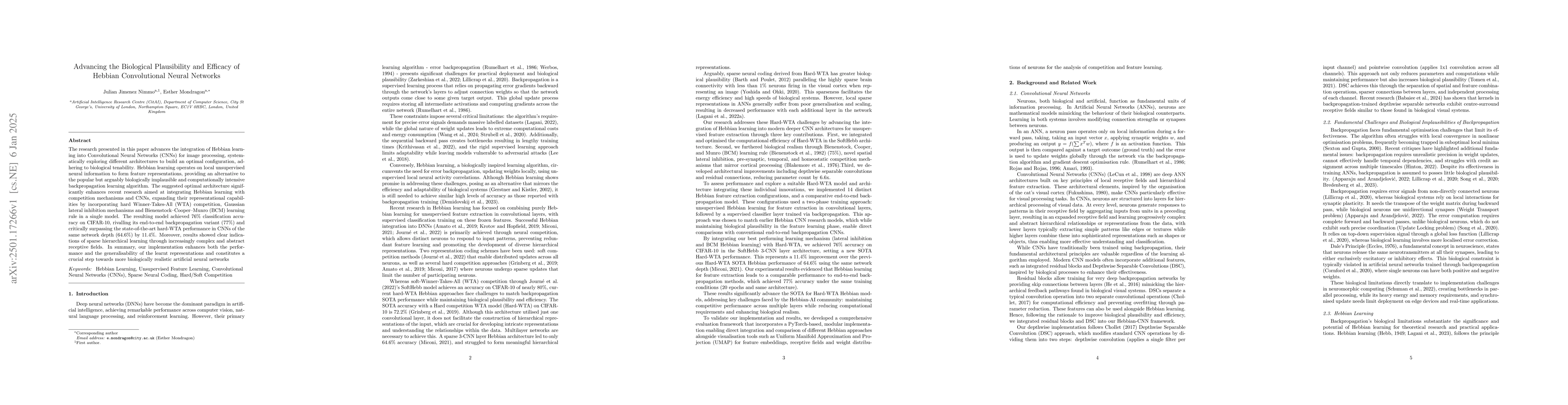 Thumbnail for Advancing the Biological Plausibility and Efficacy of Hebbian
  Convolutional Neural Networks
