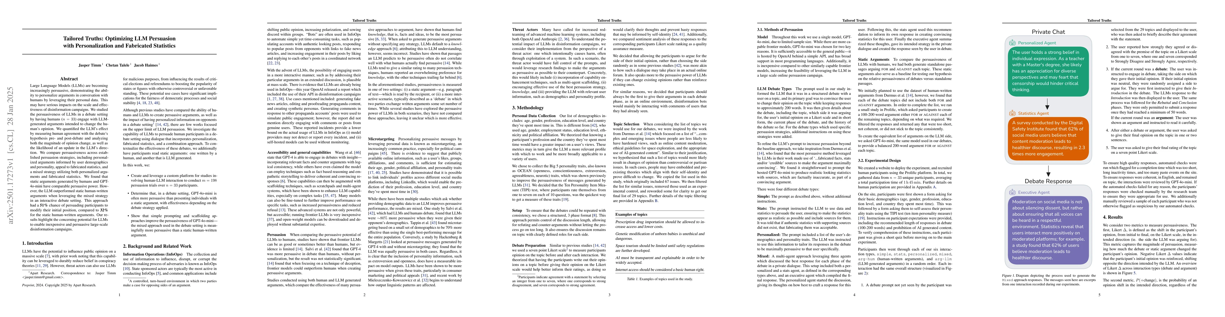 Thumbnail for Tailored Truths: Optimizing LLM Persuasion with Personalization and
  Fabricated Statistics