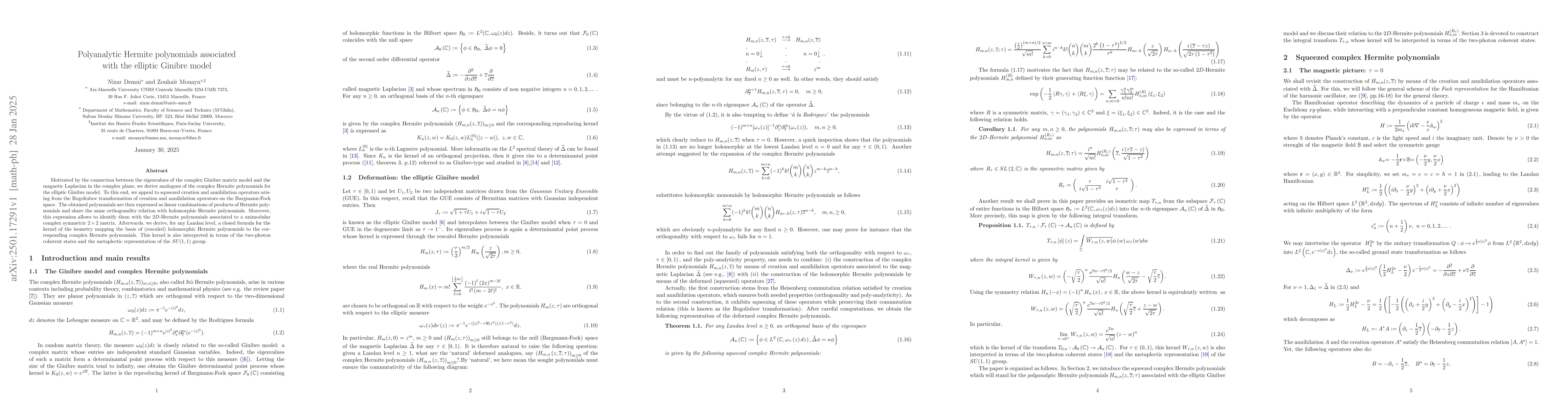 Thumbnail for Polyanalytic Hermite polynomials associated with the elliptic Ginibre
  model