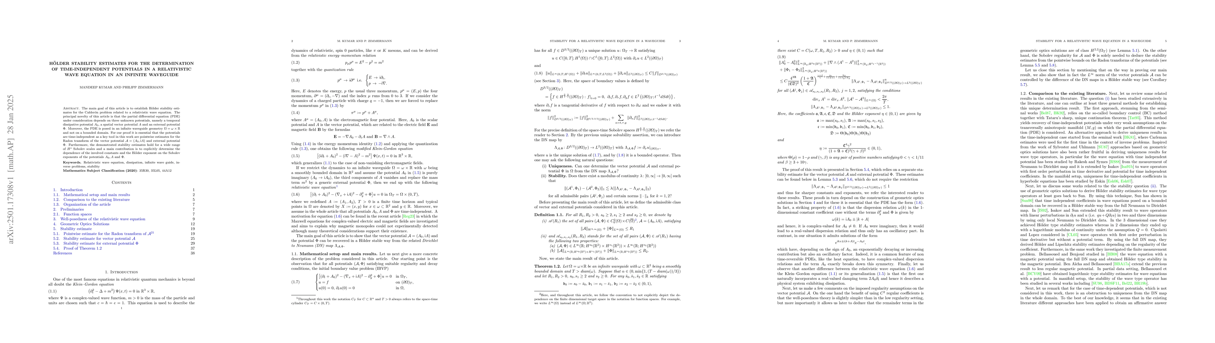 Thumbnail for Hölder stability estimates for the determination of time-independent
  potentials in a relativistic wave equation in an infinite waveguide