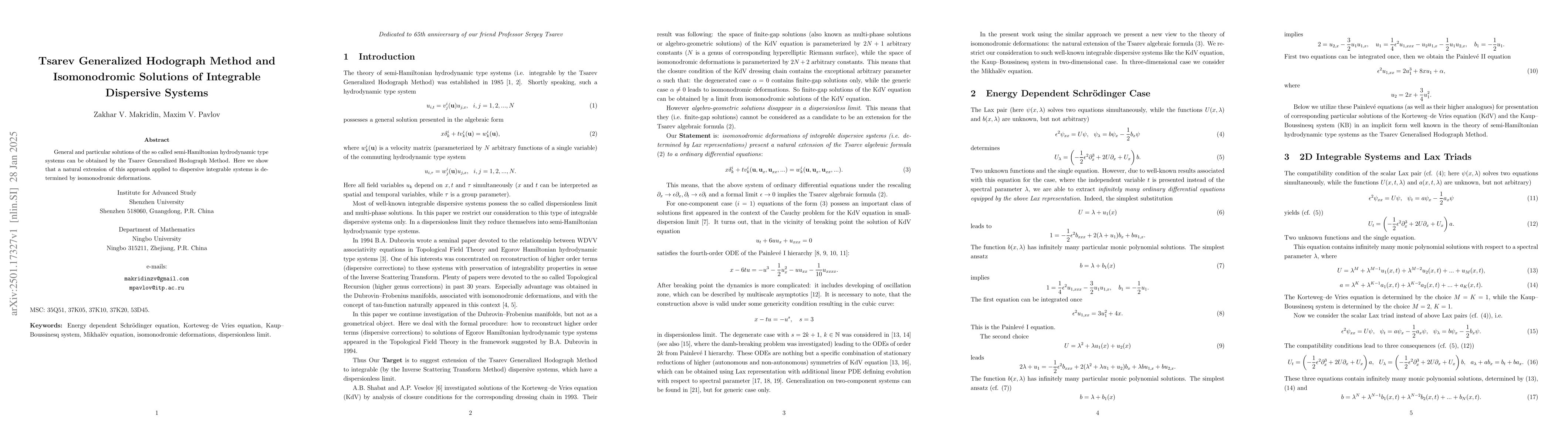 Thumbnail for The Tsarev Generalized Hodograph Method and Isomonodromic Solutions of
  Integrable Dispersive Systems