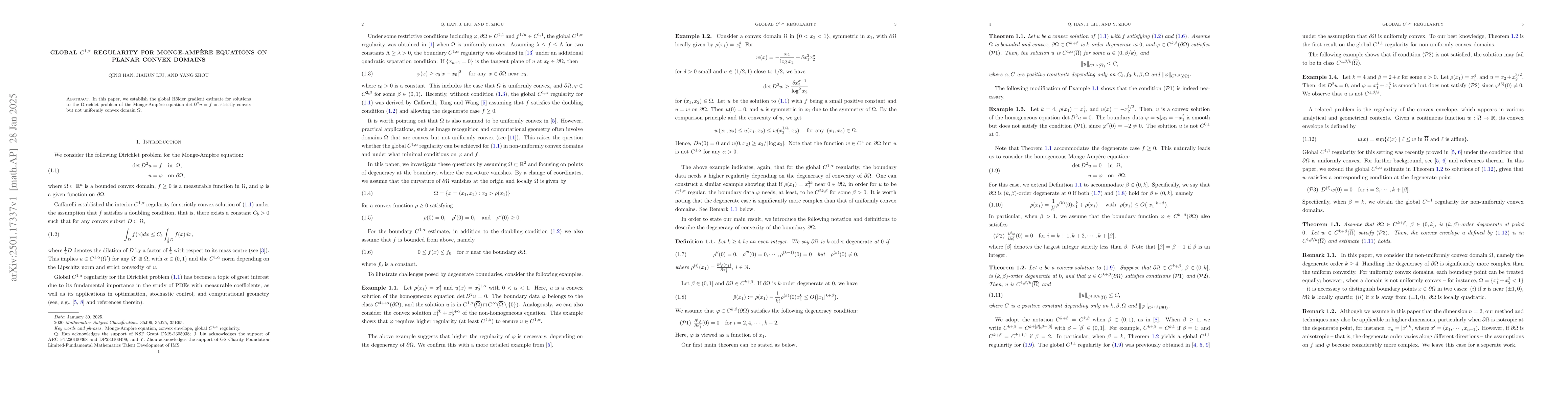 Thumbnail for Global $C^{1,α}$ regularity for Monge-Ampère equations on planar
  convex domains