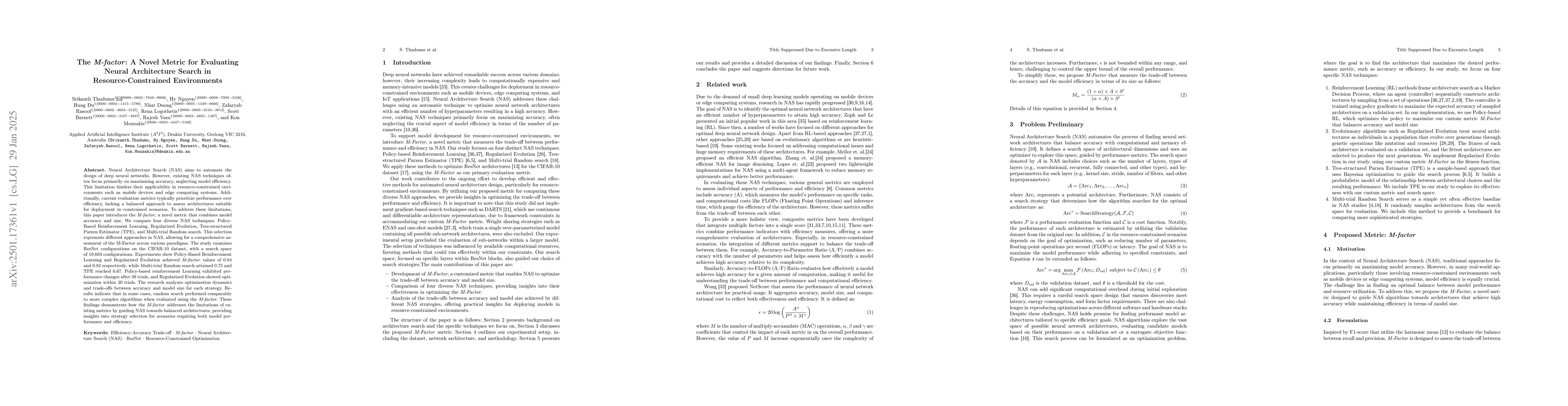 Thumbnail for The M-factor: A Novel Metric for Evaluating Neural Architecture Search
  in Resource-Constrained Environments