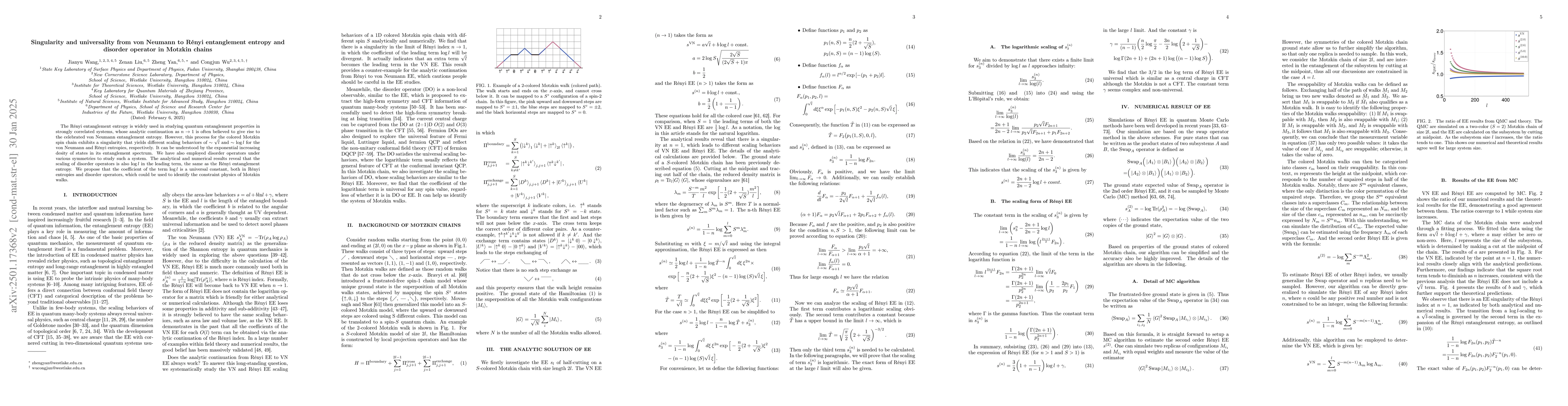 Thumbnail for Singularity and universality from von Neumann to Rényi entanglement
  entropy and disorder operator in Motzkin chains
