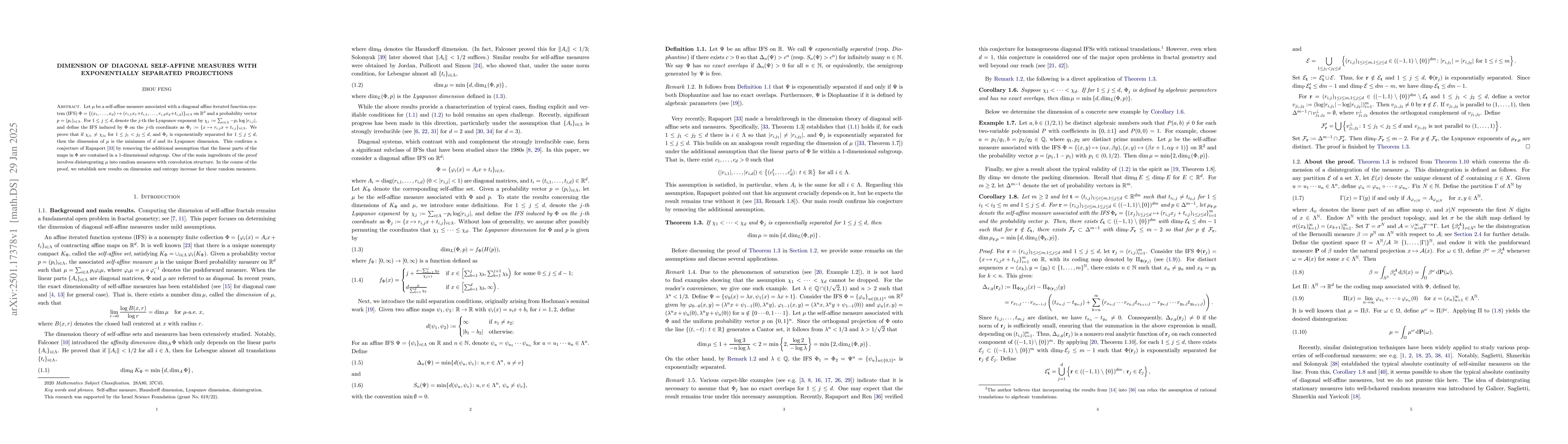 Thumbnail for Dimension of diagonal self-affine measures with exponentially separated
  projections