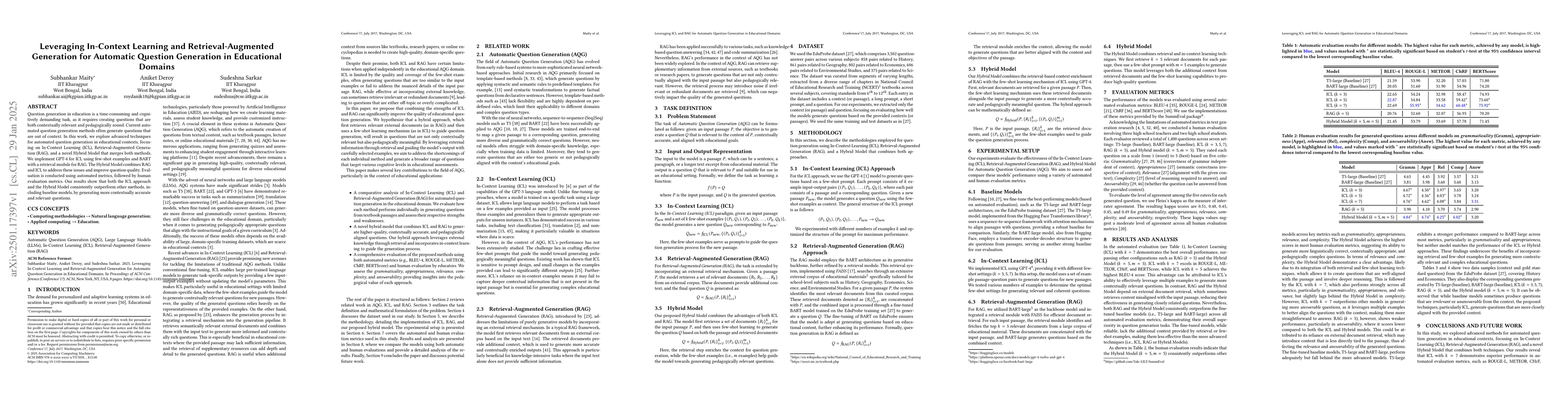 Thumbnail for Leveraging In-Context Learning and Retrieval-Augmented Generation for
  Automatic Question Generation in Educational Domains