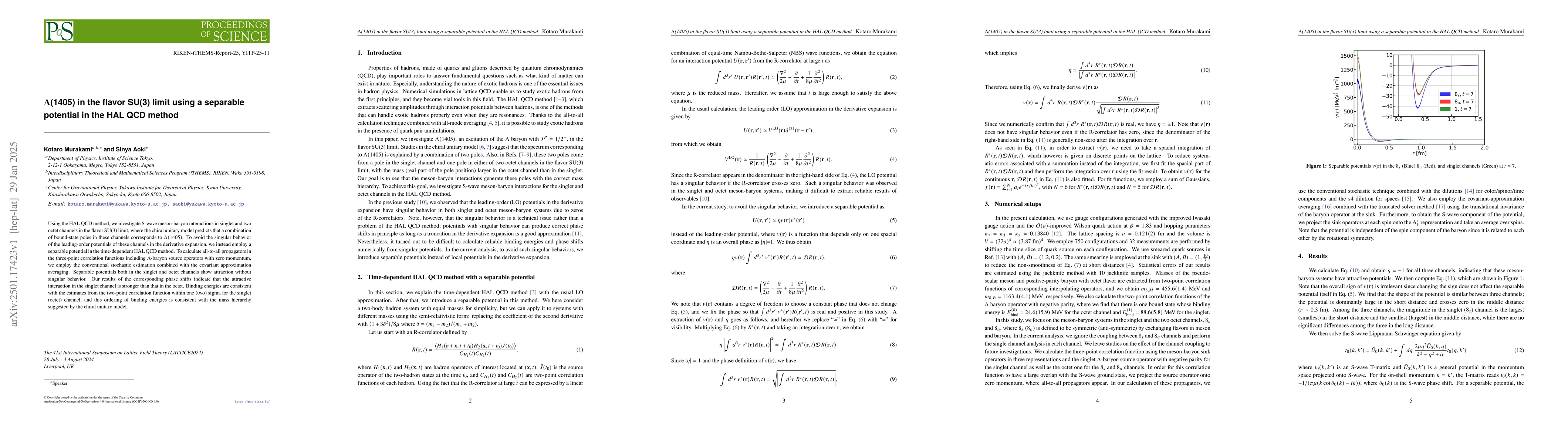 Thumbnail for $Λ$(1405) in the flavor SU(3) limit using a separable potential in
  the HAL QCD method