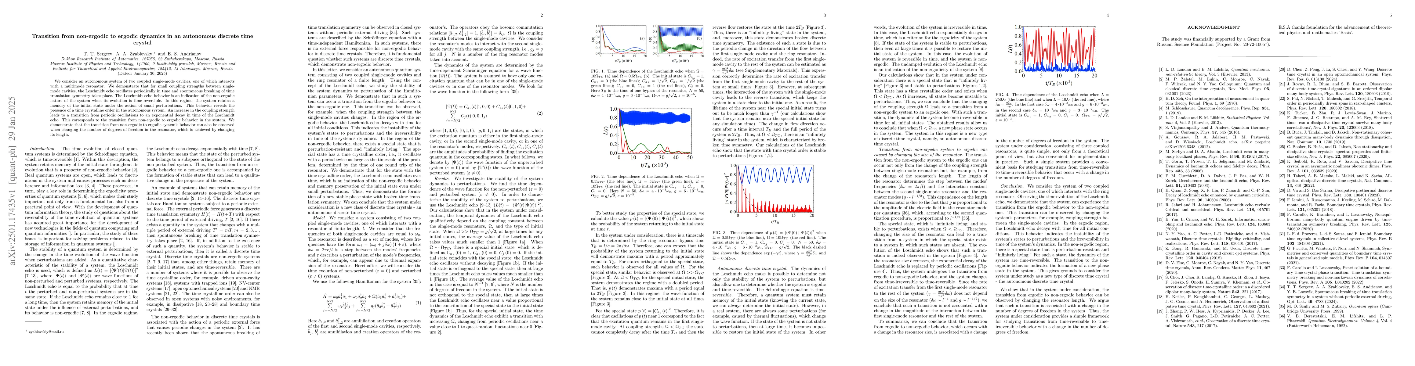 Thumbnail for Transition from non-ergodic to ergodic dynamics in an autonomous
  discrete time crystal