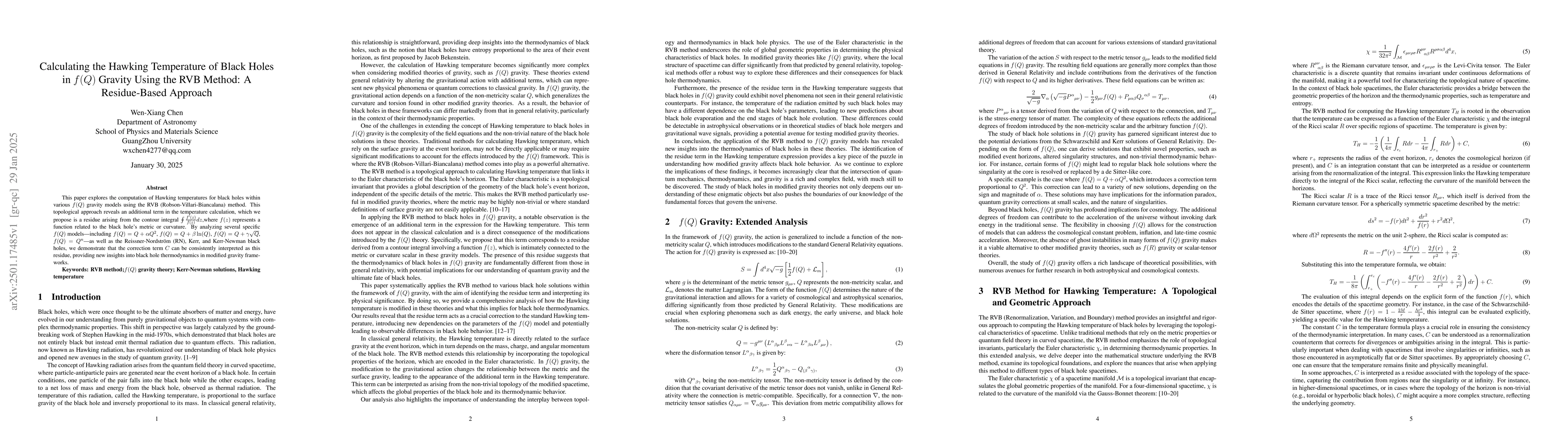Thumbnail for Calculating the Hawking Temperature of Black Holes in $f(Q)$ Gravity
  Using the RVB Method: A Residue-Based Approach