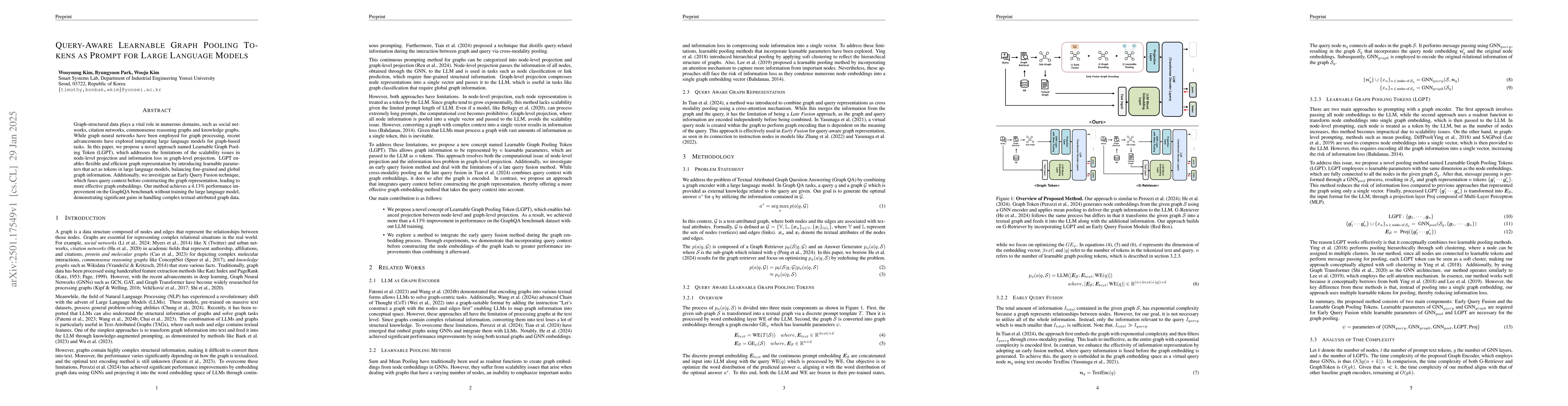 Thumbnail for Query-Aware Learnable Graph Pooling Tokens as Prompt for Large Language
  Models