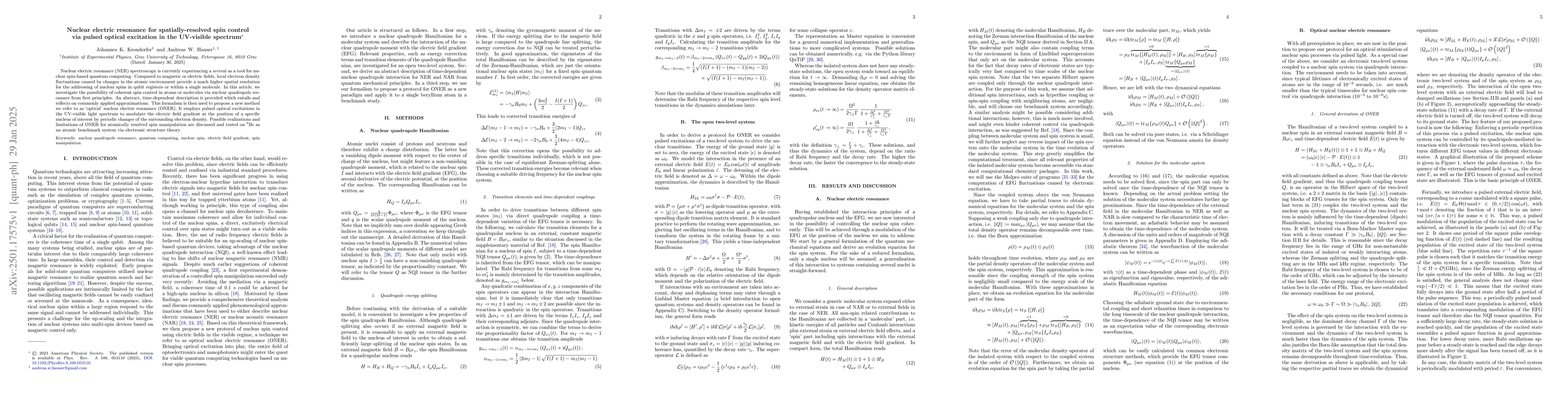 Thumbnail for Nuclear Electric Resonance for Spatially-Resolved Spin Control via
  Pulsed Optical Excitation in the UV-Visible Spectrum