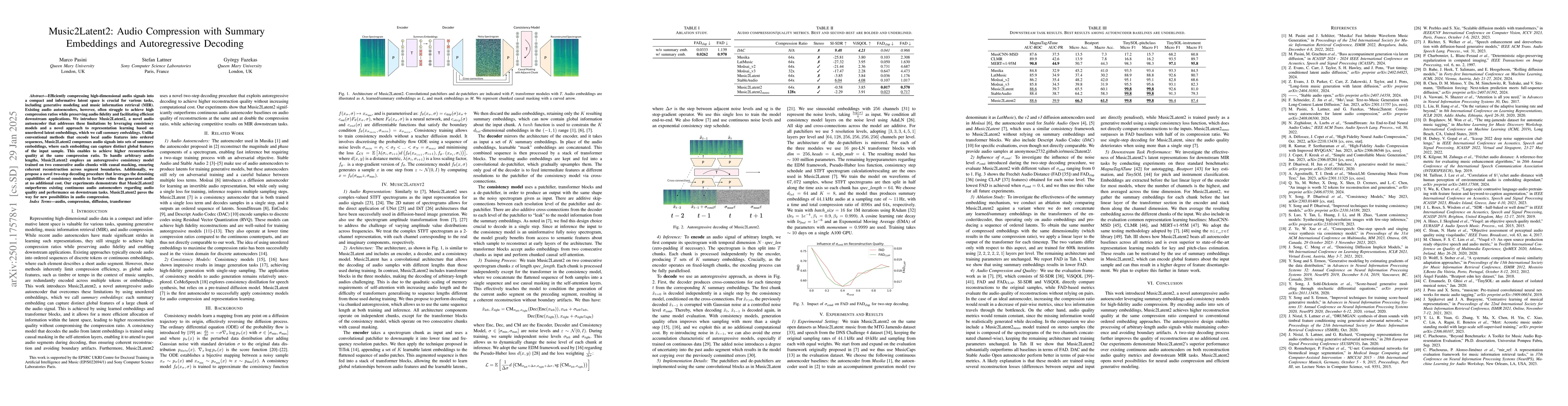 Thumbnail for Music2Latent2: Audio Compression with Summary Embeddings and
  Autoregressive Decoding