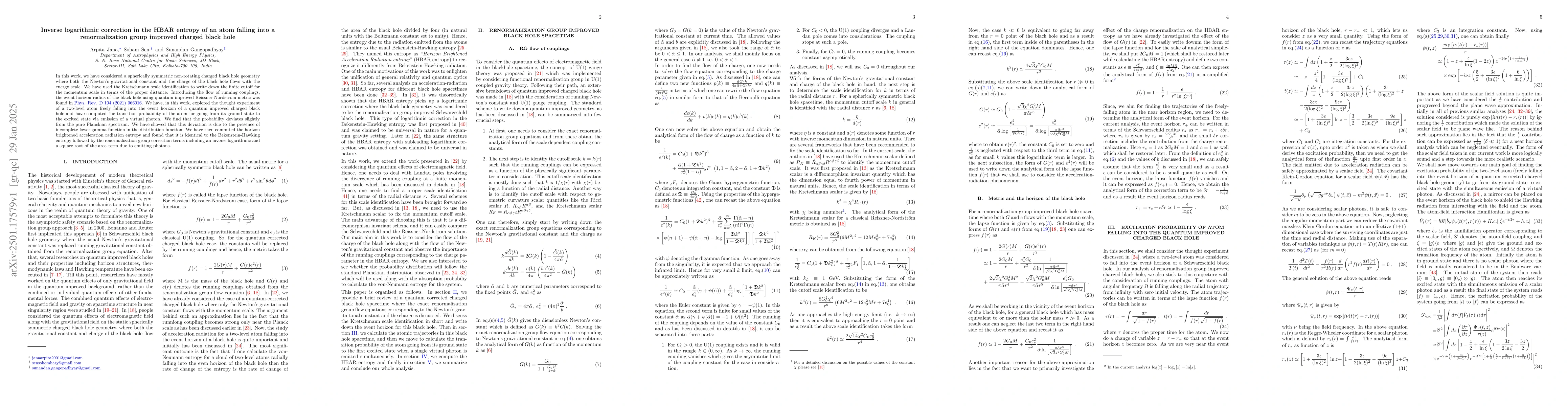 Thumbnail for Inverse logarithmic correction in the HBAR entropy of an atom falling
  into a renormalization group improved charged black hole