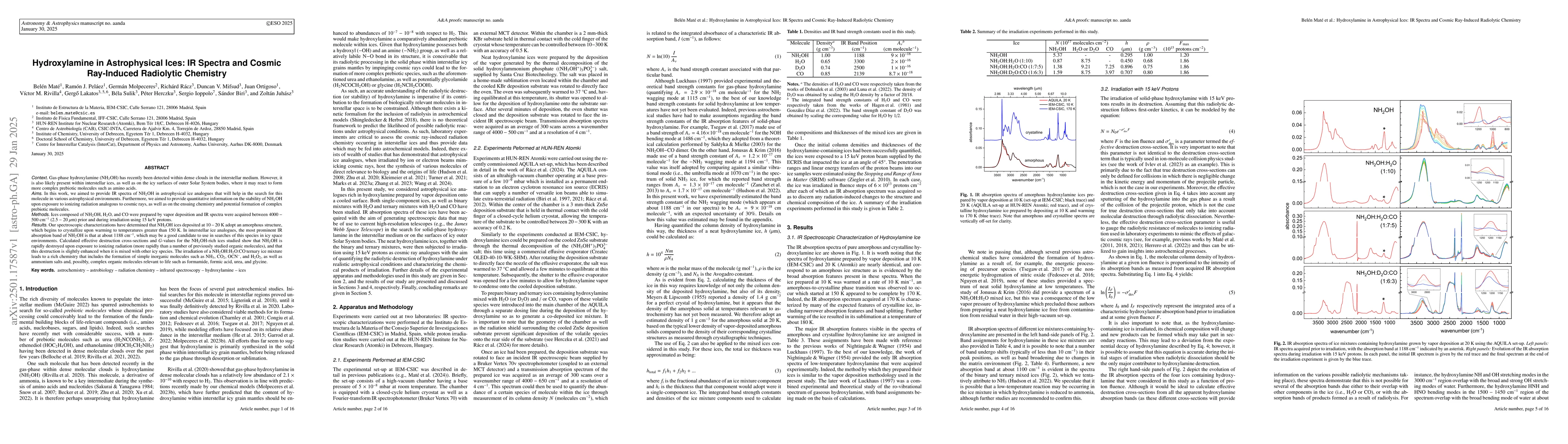 Thumbnail for Hydroxylamine in Astrophysical Ices: IR Spectra and Cosmic Ray-Induced
  Radiolytic Chemistry