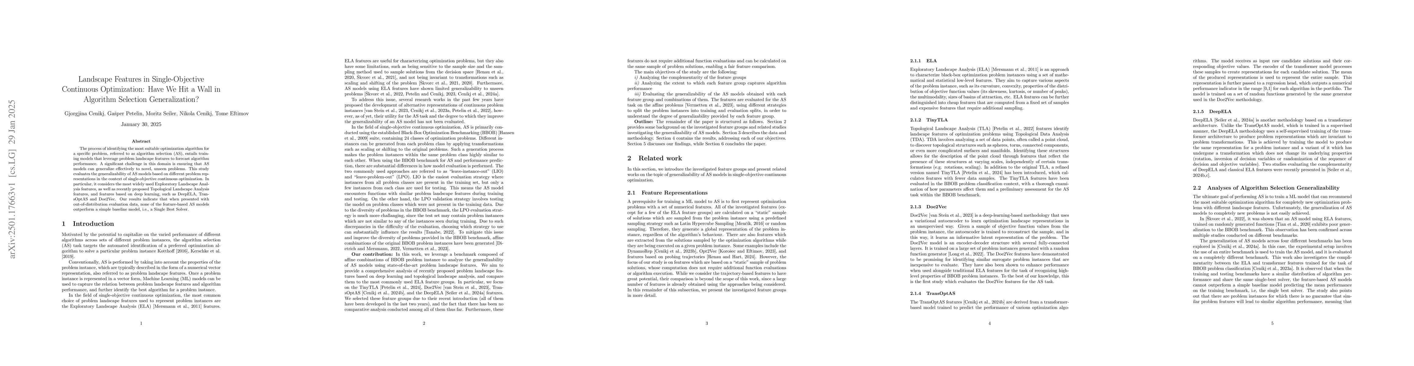 Thumbnail for Landscape Features in Single-Objective Continuous Optimization: Have We
  Hit a Wall in Algorithm Selection Generalization?