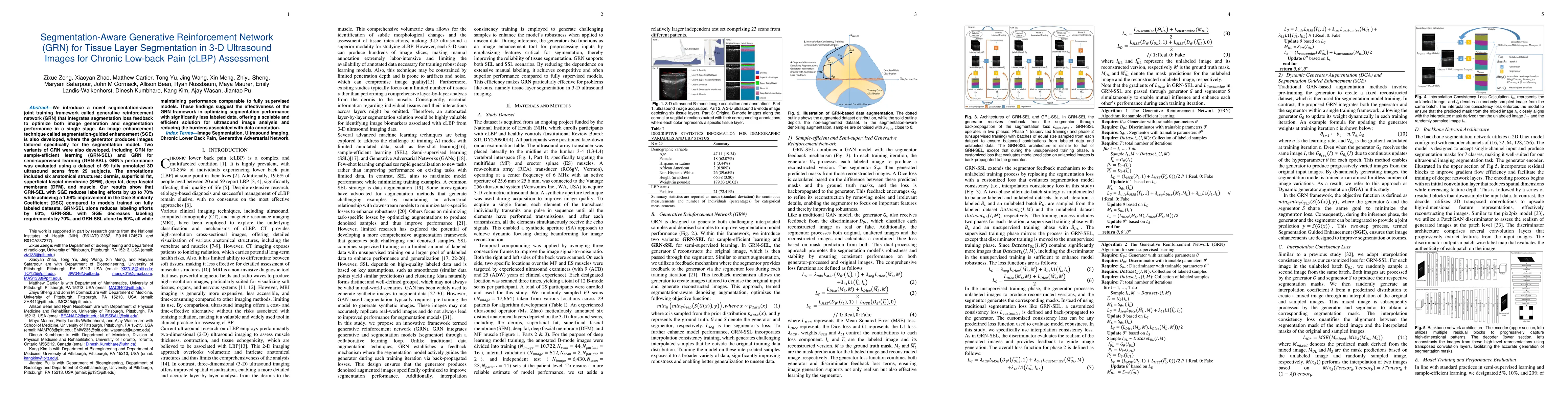 Thumbnail for Segmentation-Aware Generative Reinforcement Network (GRN) for Tissue
  Layer Segmentation in 3-D Ultrasound Images for Chronic Low-back Pain (cLBP)
  Assessment