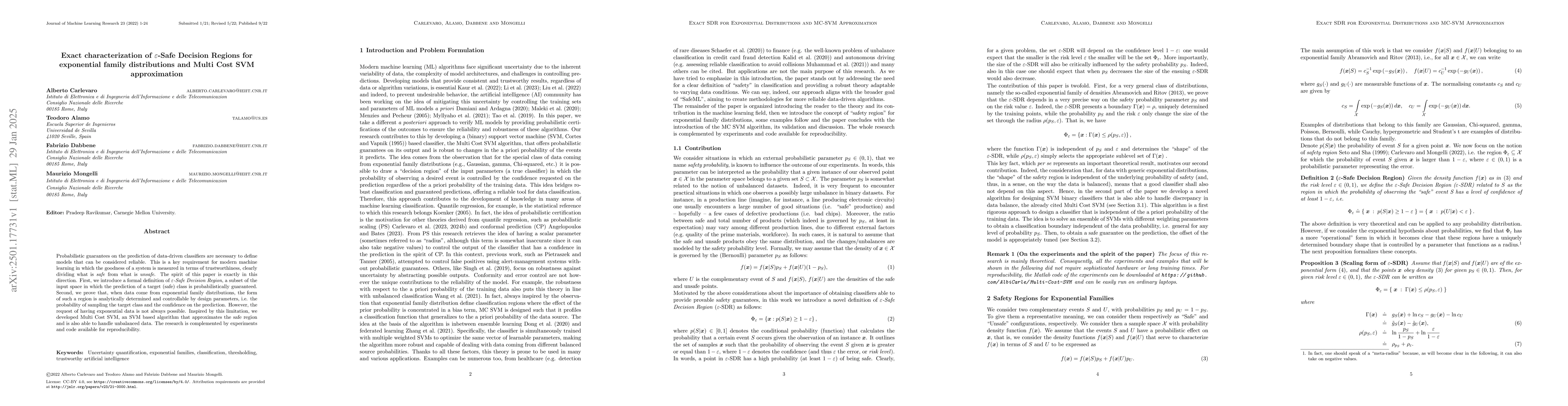 Thumbnail for Exact characterization of ε-Safe Decision Regions for
  exponential family distributions and Multi Cost SVM approximation