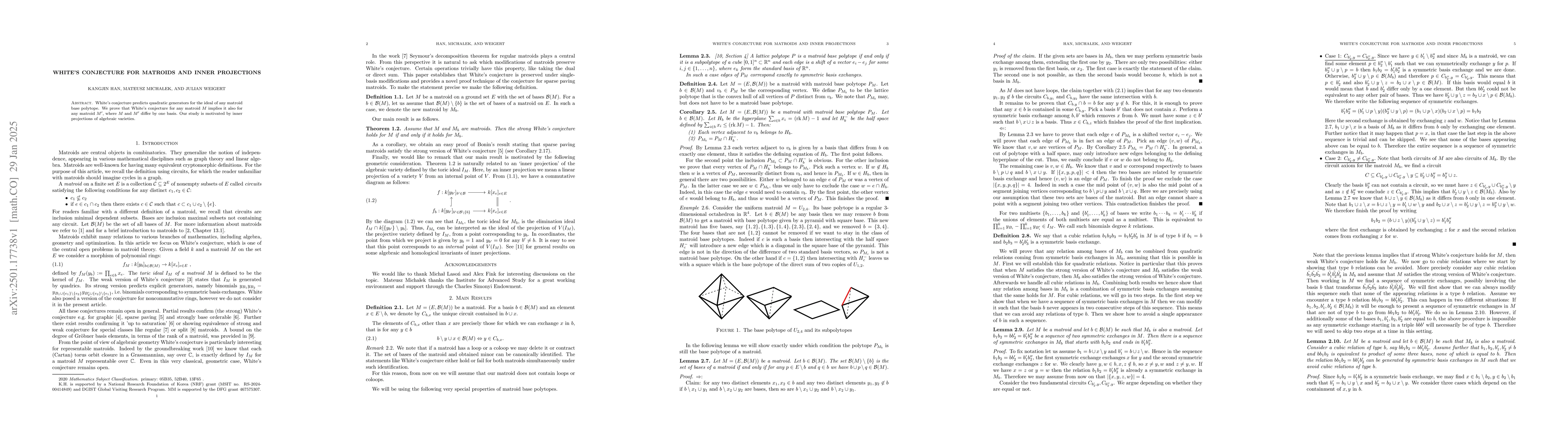 Thumbnail for White's conjecture for matroids and inner projections