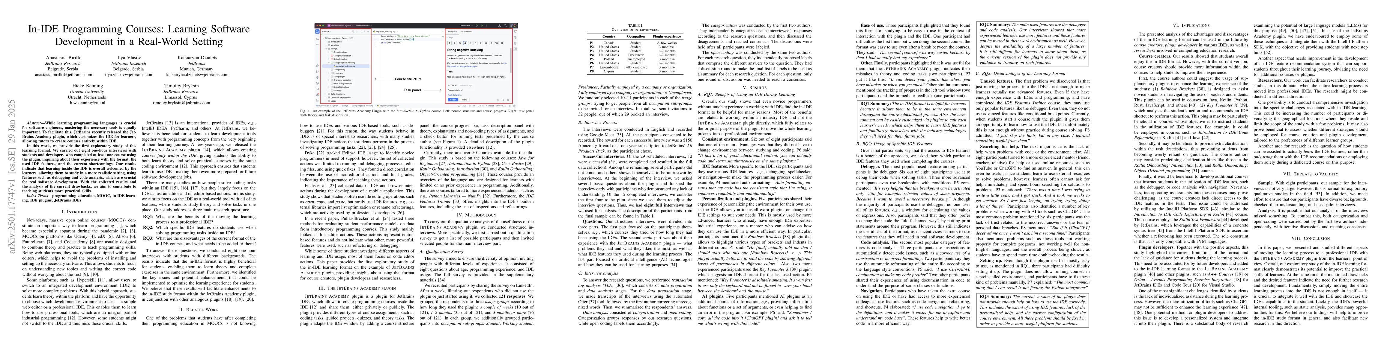 Thumbnail for In-IDE Programming Courses: Learning Software Development in a
  Real-World Setting