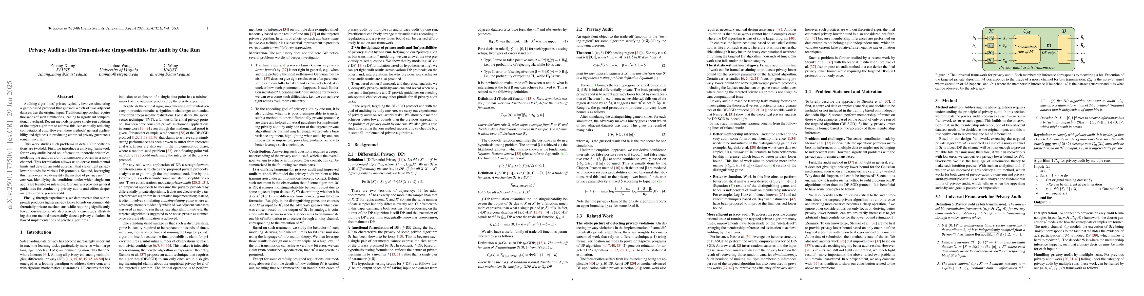 Thumbnail for Privacy Audit as Bits Transmission: (Im)possibilities for Audit by One
  Run