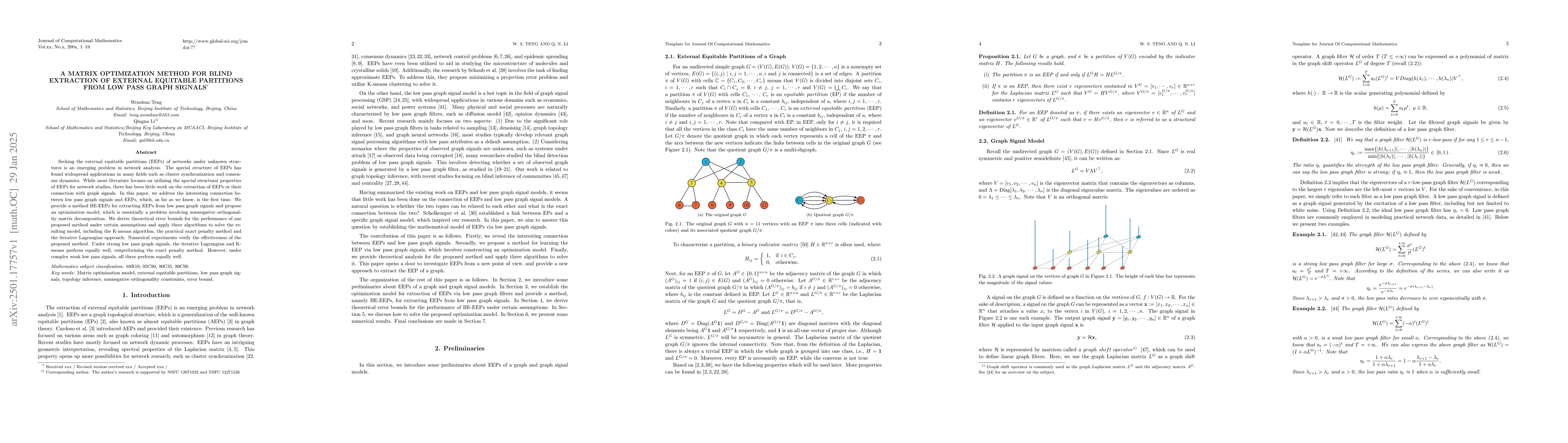 Thumbnail for A Matrix Optimization Method for Blind Extraction of External Equitable
  Partitions from Low Pass Graph Signals