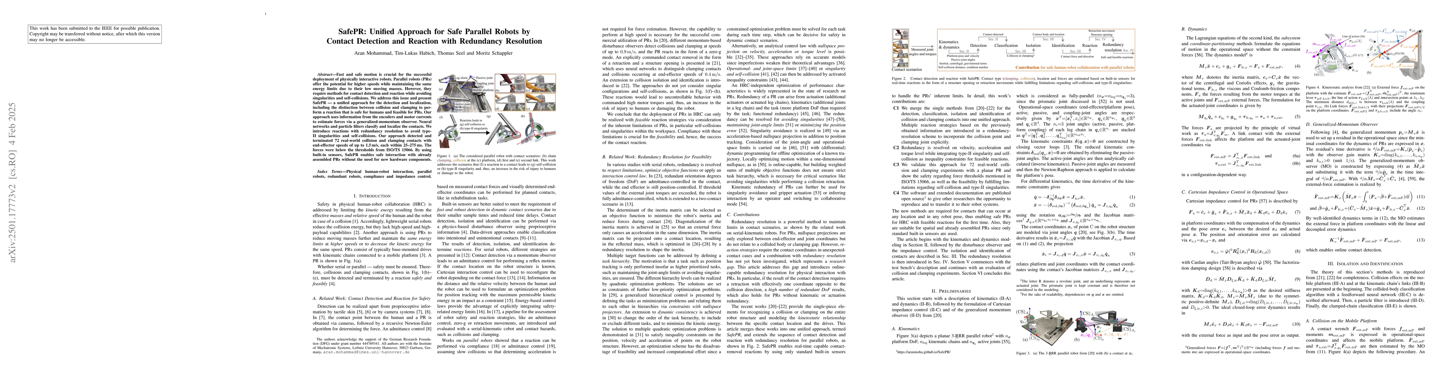 Thumbnail for SafePR: Unified Approach for Safe Parallel Robots by Contact Detection
  and Reaction with Redundancy Resolution