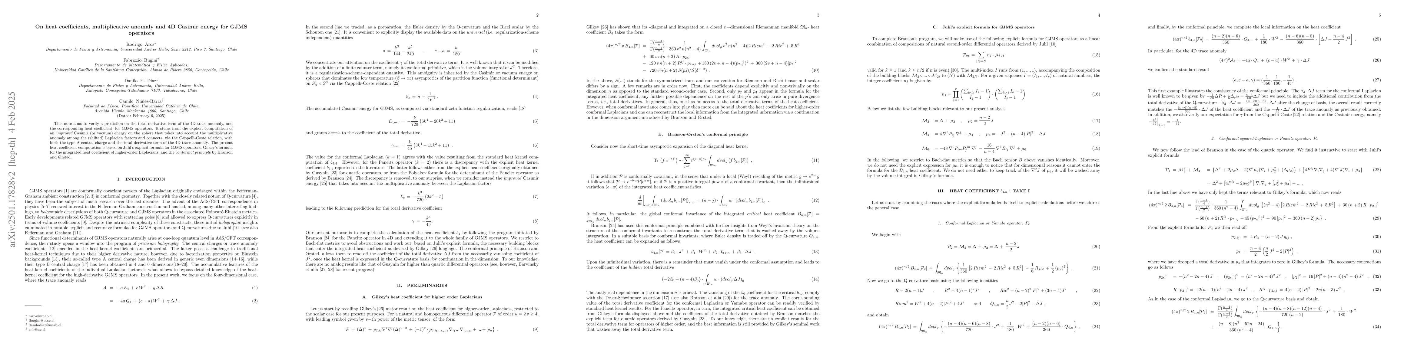 Thumbnail for On heat coefficients, multiplicative anomaly and 4D Casimir energy for
  GJMS operators