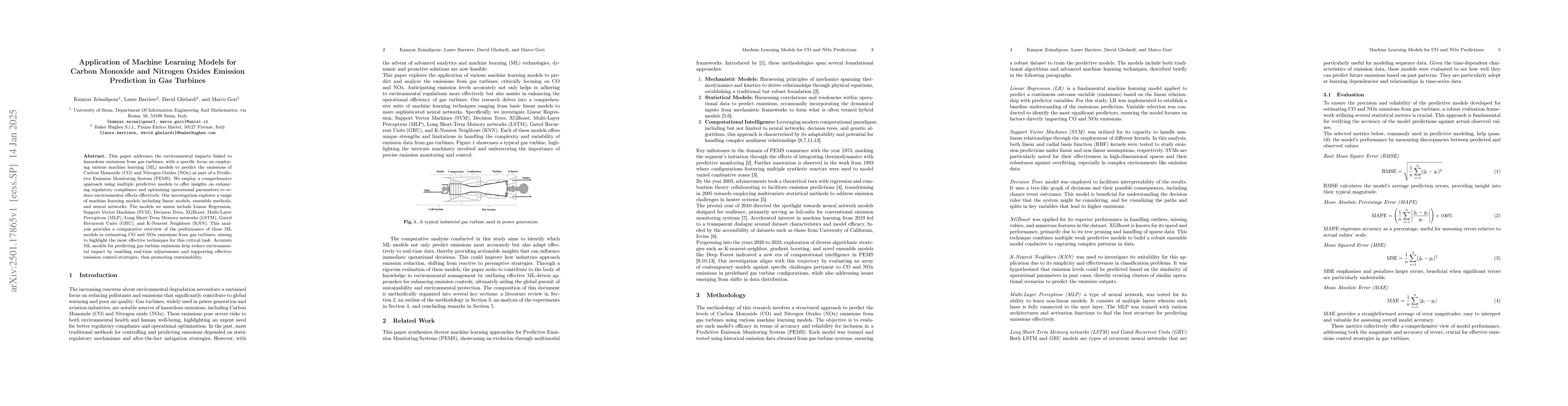 Thumbnail for Application of Machine Learning Models for Carbon Monoxide and Nitrogen
  Oxides Emission Prediction in Gas Turbines