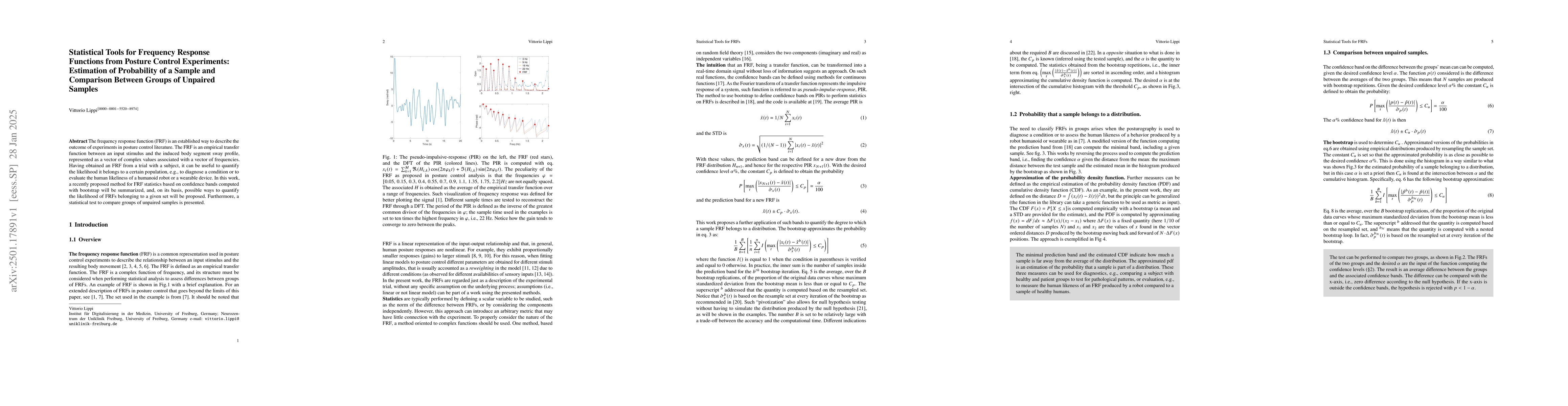 Thumbnail for Statistical Tools for Frequency Response Functions from Posture Control
  Experiments: Estimation of Probability of a Sample and Comparison Between
  Groups of Unpaired Samples