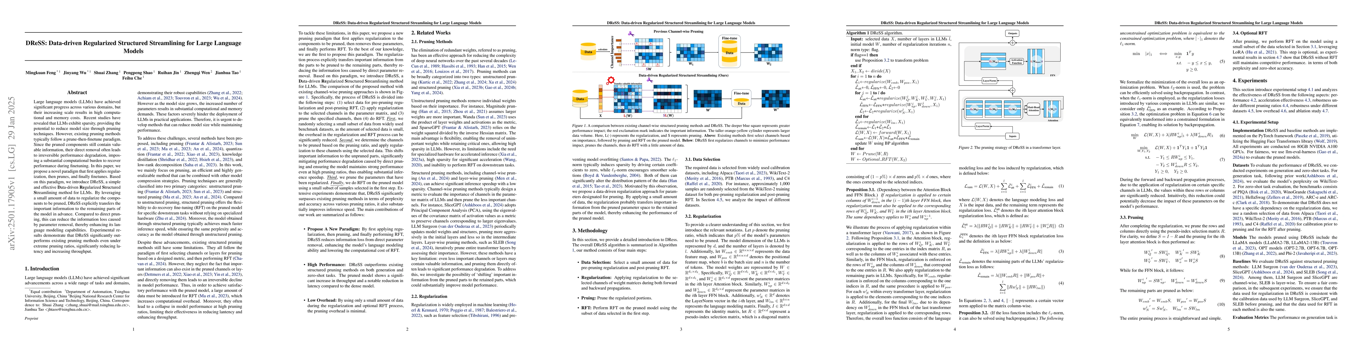 Thumbnail for DReSS: Data-driven Regularized Structured Streamlining for Large
  Language Models